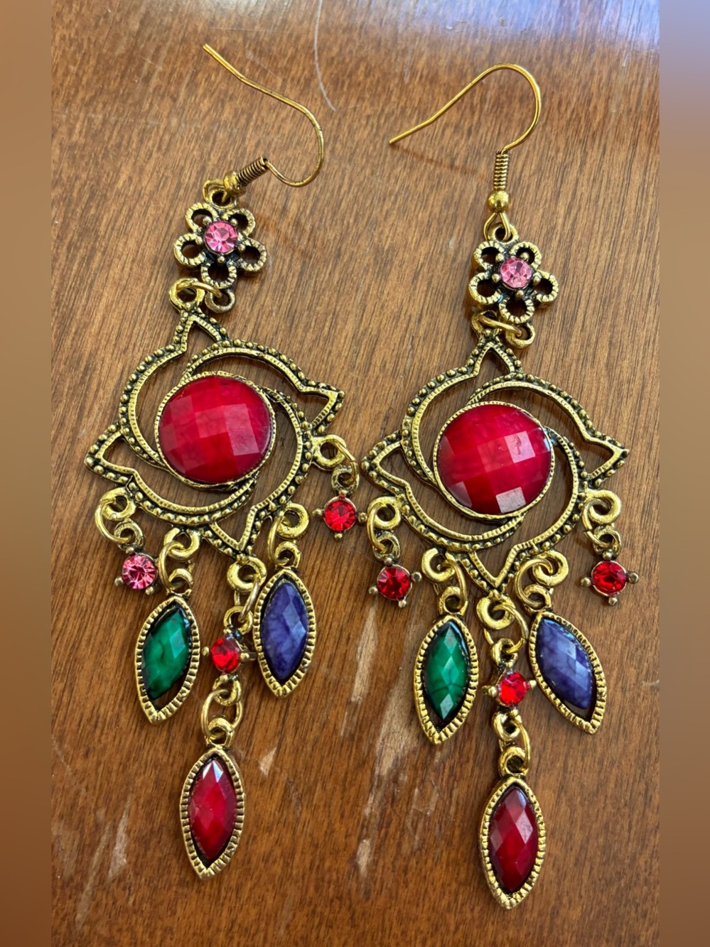 Ornate Red Green Purple Chandelier Statement Earrings - Picture 2 of 5